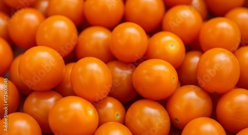 A Bountiful Pile of Fresh, Glossy Orange Cherry Tomatoes Creating a Vibrant Textured Background.