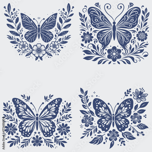 Floral Butterfly Vector SVG Bundle, Flower SVG, Butterfly SVG, Floral Butterfly SVG, Silhouette, Vector, Cutting File For Cricut, Butterfly Wing SVG
