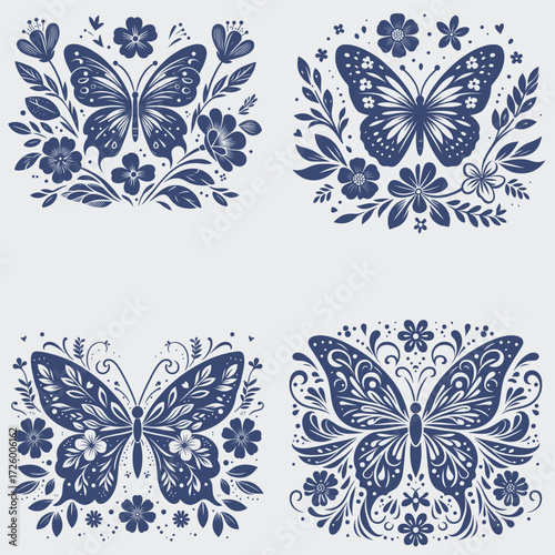Floral Butterfly Vector SVG Bundle, Flower SVG, Butterfly SVG, Floral Butterfly SVG, Silhouette, Vector, Cutting File For Cricut, Butterfly Wing SVG