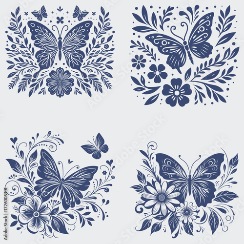 Floral Butterfly Vector SVG Bundle, Flower SVG, Butterfly SVG, Floral Butterfly SVG, Silhouette, Vector, Cutting File For Cricut, Butterfly Wing SVG
