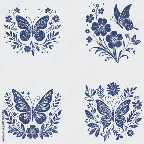 Floral Butterfly Vector SVG Bundle, Flower SVG, Butterfly SVG, Floral Butterfly SVG, Silhouette, Vector, Cutting File For Cricut, Butterfly Wing SVG