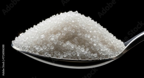 A Glistening Mound of Crystalline White Sugar on a Spoon Against a Stark Black Background.