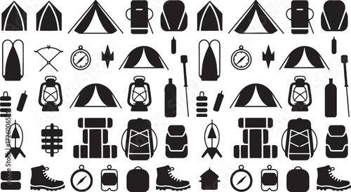 Black and white vector icons of camping and hiking gear arranged in a pattern equipment tent