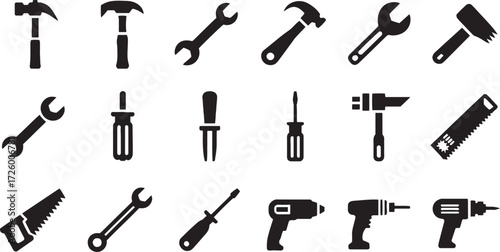 Collection of black silhouette icons of various hand and power tools on a white background tool icon