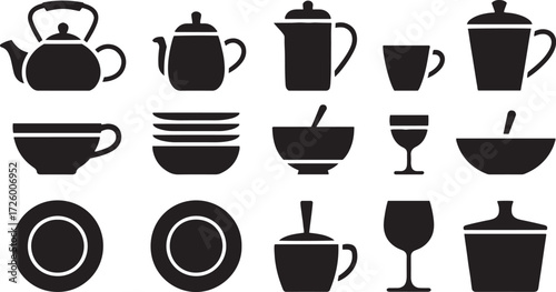 Black silhouette icons of kitchenware and tableware on white background kettle teapot