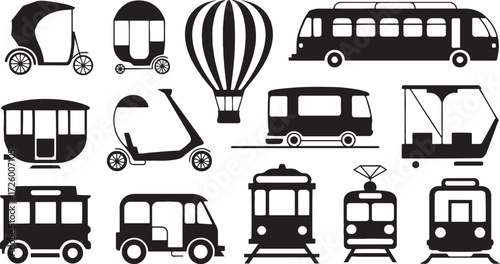 Collection of black and white vector illustrations of various transportation vehicles and a hot air balloon