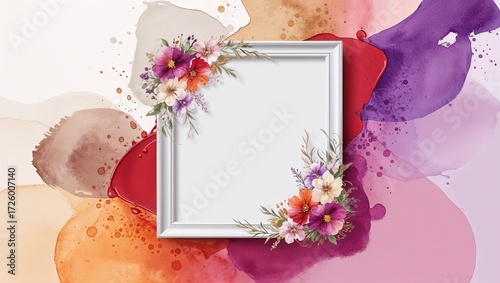 A charming floral frame embedded in a vibrant watercolor backdrop.