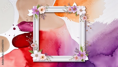 A beautifully designed floral frame on a colorful watercolor canvas.