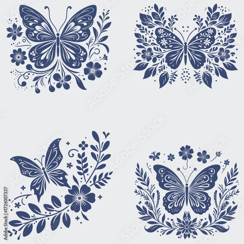 Floral Butterfly Vector SVG Bundle, Flower SVG, Butterfly SVG, Floral Butterfly SVG, Silhouette, Vector, Cutting File For Cricut, Butterfly Wing SVG
