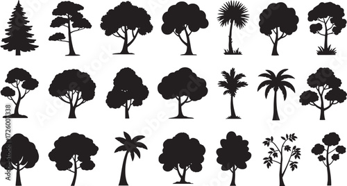 Collection of black tree silhouettes including pine palm and deciduous varieties black and white nature