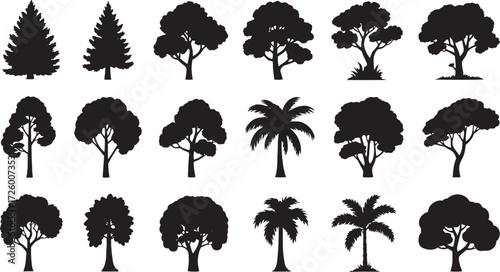 Collection of black tree silhouettes including pine palm and deciduous varieties on white background