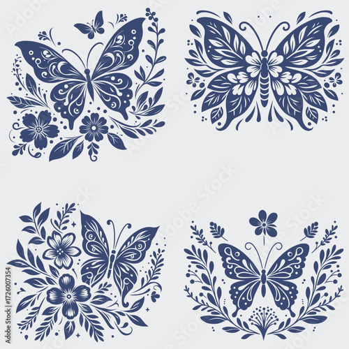 Floral Butterfly Vector SVG Bundle, Flower SVG, Butterfly SVG, Floral Butterfly SVG, Silhouette, Vector, Cutting File For Cricut, Butterfly Wing SVG