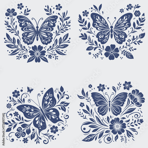Floral Butterfly Vector SVG Bundle, Flower SVG, Butterfly SVG, Floral Butterfly SVG, Silhouette, Vector, Cutting File For Cricut, Butterfly Wing SVG