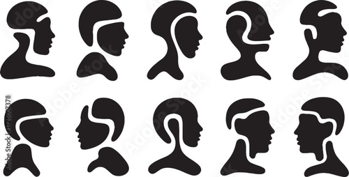 Ten Black Silhouette Profiles of Abstract Human Heads Facing Each Other vector