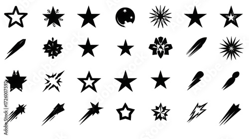 Diverse set of black star shapes and shooting star icons.