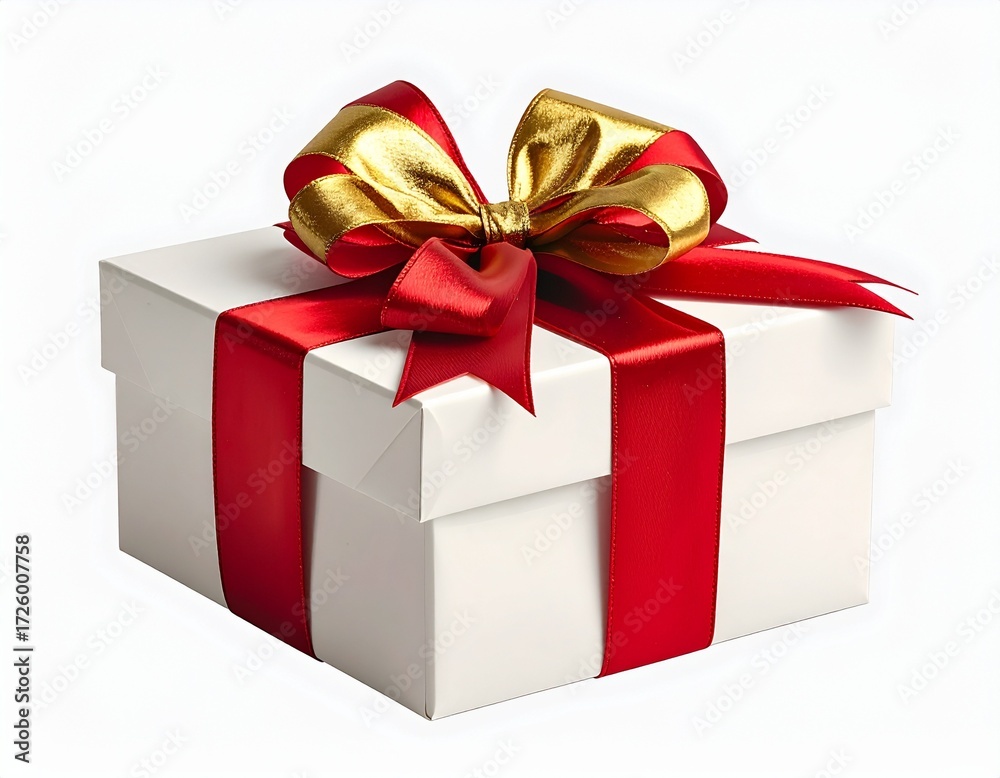 Fototapeta premium Gift Box: A beautifully wrapped gift box with a vibrant red ribbon and an exquisite golden bow, evoking a sense of anticipation and delight. 