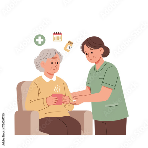 A female caregiver assists an elderly woman sitting in an armchair, offering her a warm drink, with medical icons in the background.
