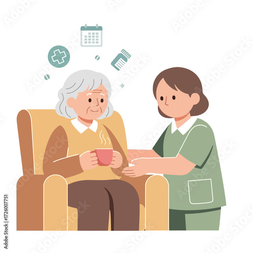 A caring nurse assists an elderly woman sitting in a chair with a warm drink, symbolizing healthcare and support for seniors.