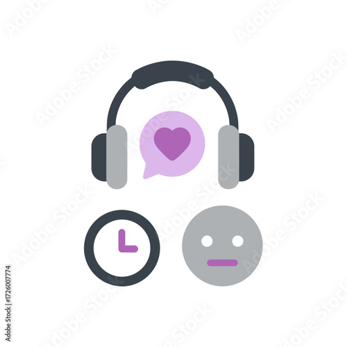 Headphones with heart speech bubble, clock, and neutral face icon.