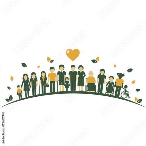 Diverse group of people of all ages and abilities standing together under a heart symbol, representing unity and community.