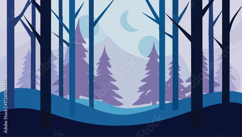 Stylized minimalist forest landscape with trees and moon