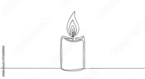 Minimalist single line art illustration of a lit wax candle, simple vector drawing for concepts of hope and memory
