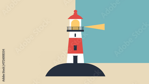 Stylized lighthouse with a beam of light against a split background