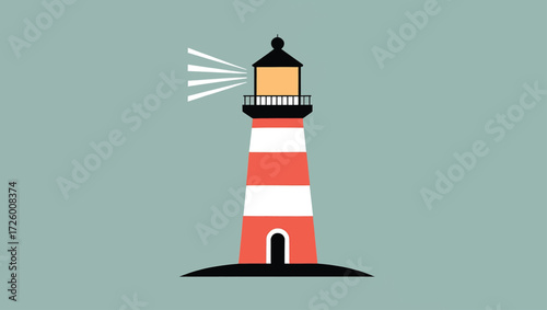Red and white striped lighthouse emitting a beam of light against a teal background