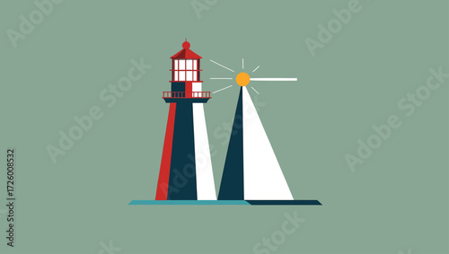 Stylized lighthouse emitting light beam on a calm sea