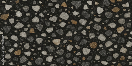 Black and white abstract texture of a rough stone wall surface with small pebbles and gravel