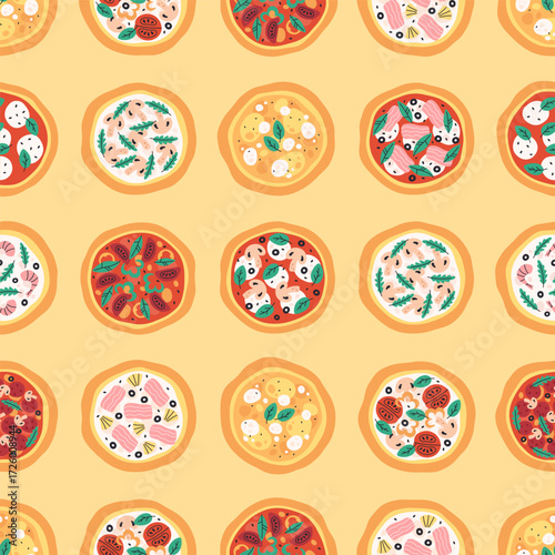 Seamless pattern with cute tasty hand drawn Italian pizza. Doodle pizza print for banner, wallpaper, textile, wrapping paper, background, cards. Vector illustration in flat style