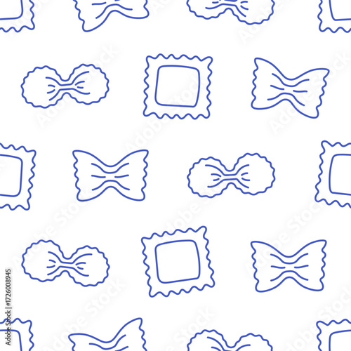 Seamless pattern with hand drawn doodle Italian pasta. Italian cuisine gourmet food elements. Design for banner, wallpaper, wrapping paper, background, card, poster. Vector illustration in flat style