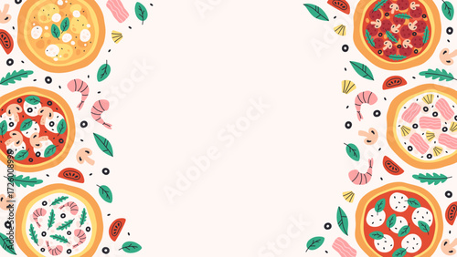 Hand drawn Italian pizza design for banner, background, card, poster, menu. Vector illustration in trendy flat style