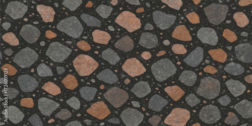 Granite stone wall texture background pattern with natural grey gravel and pebbles terazzo