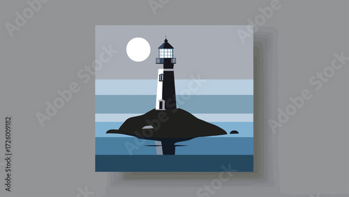 Minimalist lighthouse on a rocky island with a full moon