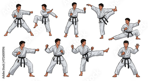 A set of vector illustrations showing a man in a white gi and black belt demonstrating various karate fighting poses, stances, kicks, and punches.