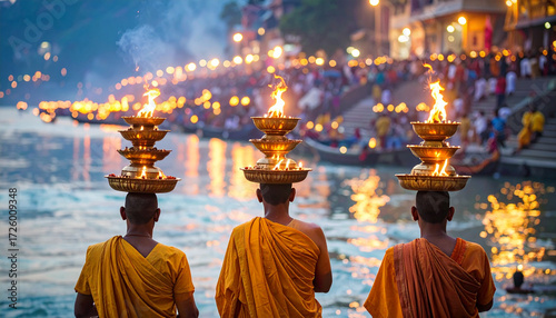 Hindu Ganga Aarti Fire Lamps . Religion concept. Generated Image