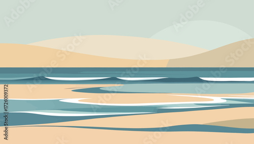 Abstract minimalist beach landscape with gentle waves and sand dunes