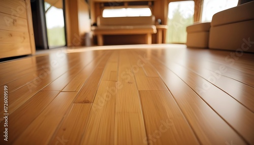 Wooden floor interior with natural light and blurred background.