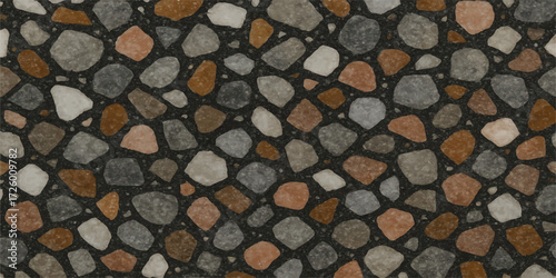 Close-up texture of a stone wall with brown and grey patterns for seamless wallpaper terazzo design