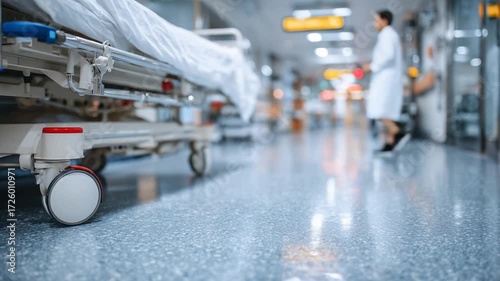 Wallpaper Mural Close-up of hospital bed rails and wheels in a corridor, highlighting an urgent health emergency. Torontodigital.ca