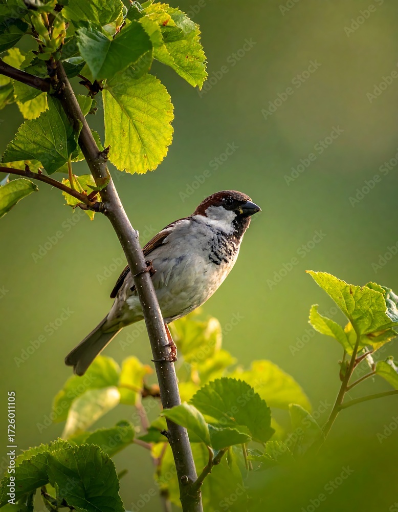 Naklejka premium A small bird perches on a branch amidst lush green foliage, bathed in soft sunlight