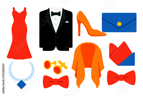 Red Carpet Icons. Flat vector icons of red carpet attire: evening gown, tuxedo, stiletto heel, clutch bag, diamond necklace,