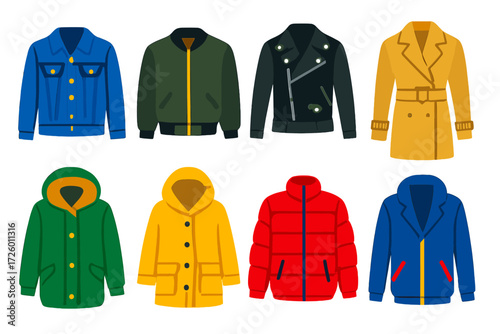 Colorful Outerwear Icons. Flat vector icons of outerwear and jackets: denim jacket, bomber jacket, leather moto, trench coat,
