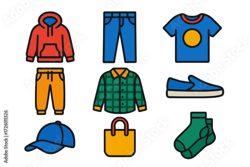 Bright Fashion Icons. Flat vector icons of casual and everyday wear: hoodie, denim, graphic tee, joggers, flannel shirt, slip-on,