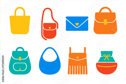 Vibrant Handbag Icons. Flat vector icons of handbags: tote bag, crossbody pouch, clutch, satchel, backpack purse, hobo bag, fringe