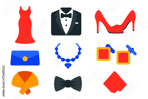 Red Carpet Icons. Flat vector icons of red carpet attire: evening gown, tuxedo, stiletto heel, clutch bag, diamond necklace,