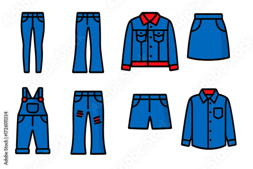 Denim Style Icons. Flat vector icons of denim styles: skinny jean, bootcut jean, jean jacket, denim skirt, overalls, distressed