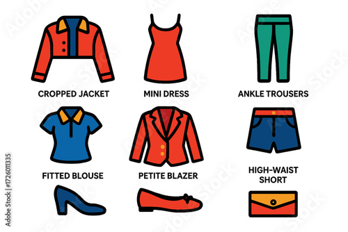 Petite Fashion Icons. Flat vector icons of petite sizing: cropped jacket, mini dress, ankle trousers, fitted blouse, petite blazer