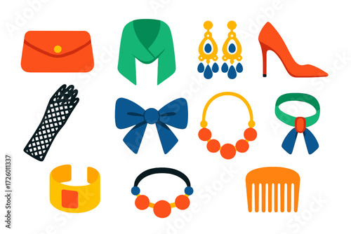 Evening Accessories Icons. Flat vector icons of evening accessories: clutch bag, shawl wrap, chandelier earrings, stiletto, mesh